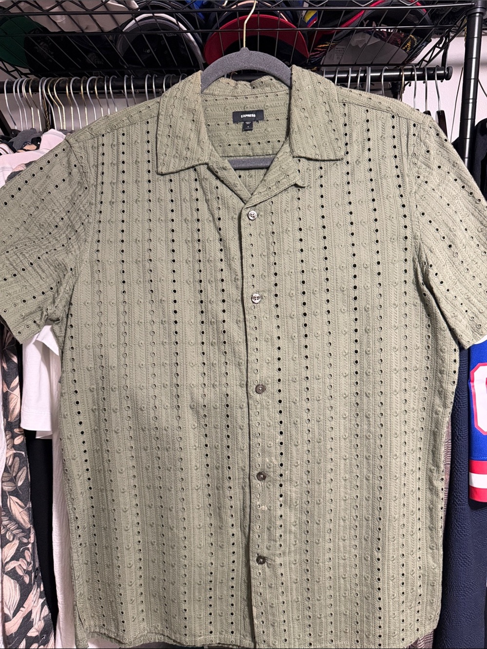 Express Olive Eyelet Short-Sleeve Button-Down Shirt